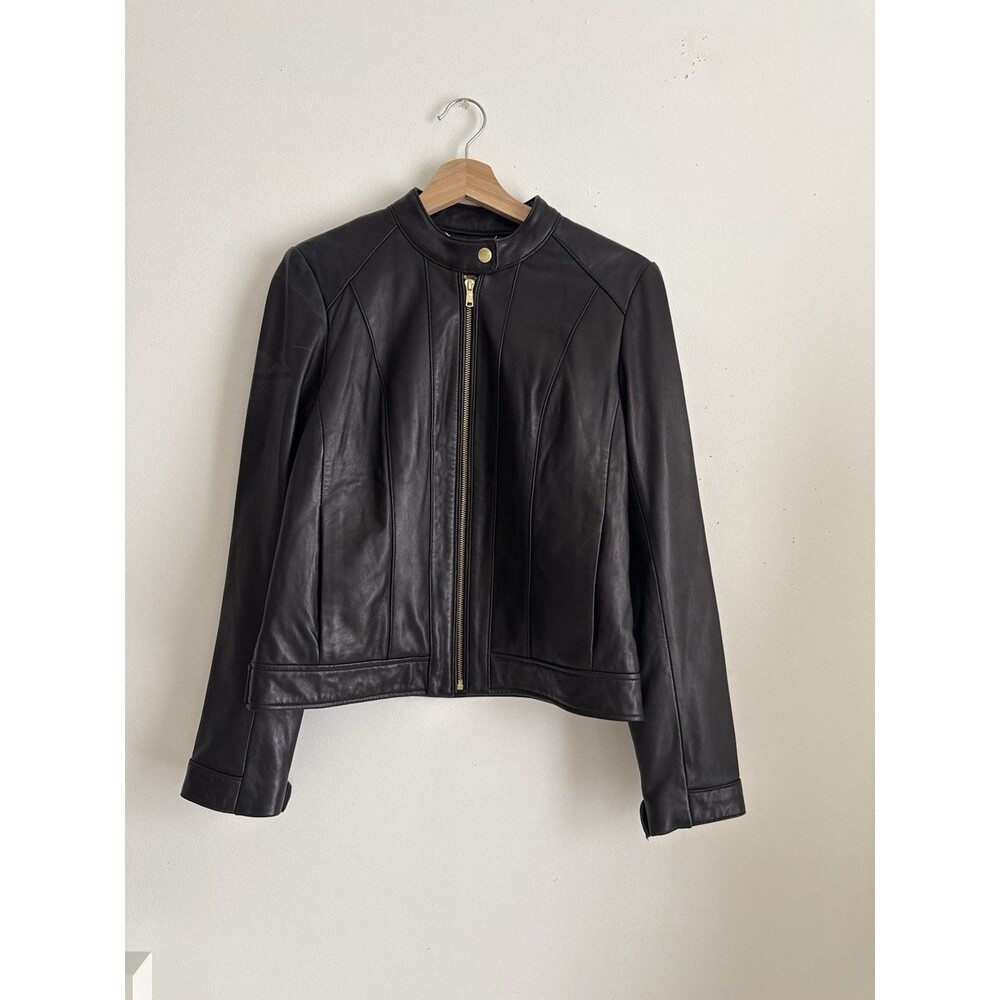 Cole Haan Black Genuine Leather Moto Jacket Gold Hardware Women’s S Petite